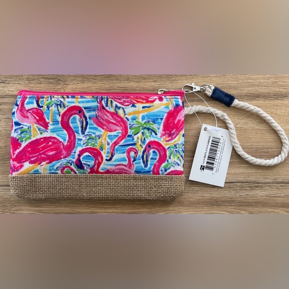 NWT Pink Flamingo Canvas & Jute Wristlet Beach Vibes Tampa Florida AQUALUX - Picture 2 of 3
